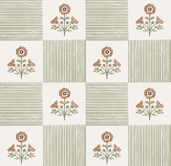 Guvana Green Floral Peel and Stick Wallpaper Vintage Floral Wallpaper Boho Wall Paper Removable Modern Contact Paper Vinyl Self Adhesive for Bedroom Bathroom Kitchen Livingroom Covering 17.3"×78.7"