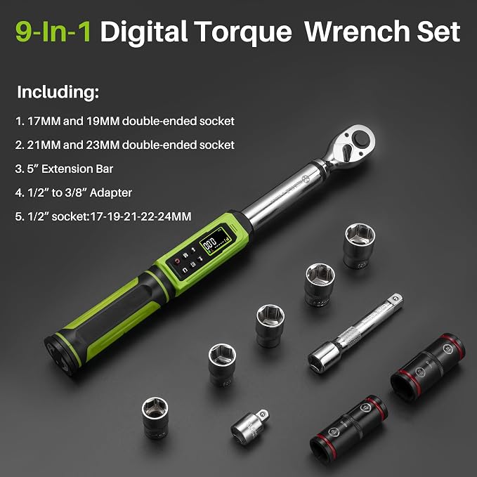 1/2" Digital Torque Wrench-2-147.5Ft.Lb for Car Motorcycle Repair | Electric Torque Wrench 1/2 Drive(3-200N.m), Vibration Buzzer LED Indicator,±2% Accuracy Five Units for Bike Tire Auto Repair