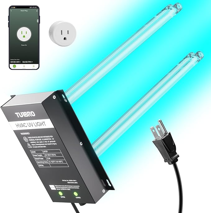 TURBRO 72W UV Sanitizer Lamp with Smart Plug, ETL&CARB Listed, Ozone Free Ultraviolet Light with Timer Outlet, Air Purifier for HVAC Units and Ducted Systems, WiFi Control, Direct Plug-In 120V, UV72PW