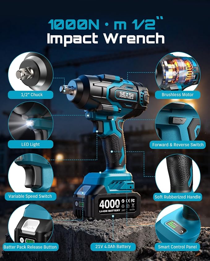 Seesii Impact Wrench 1000N.m(738 Ft-Lbs) & 46PCS 1/4″ Drive Socket Set Tool | Cordless Impact Driver, 1/2" Impact Gun With 21v 2x4.0Ah Battery for Fix Auto/Motorcycle - Wh10 Ultra