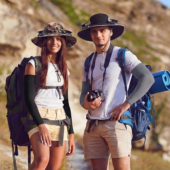 Glitopper 2 Set Wide Brim Solar Fan Hats with 2 Solar Fan and Arm Sleeves Set Outdoor Fishing Bucket Hat for Men Women Hiking