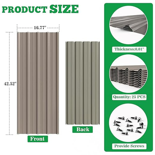 10pcs Metal Roofing Panels, 42.52'' L ×17.72'' W 52.4 ft² Corrugated Metal Sheets, Galvanized Steel Roof Fence Panels for Mobile Homes, Garages, Chicken Coop, Sheds, Stables, Patio, Warm Gray