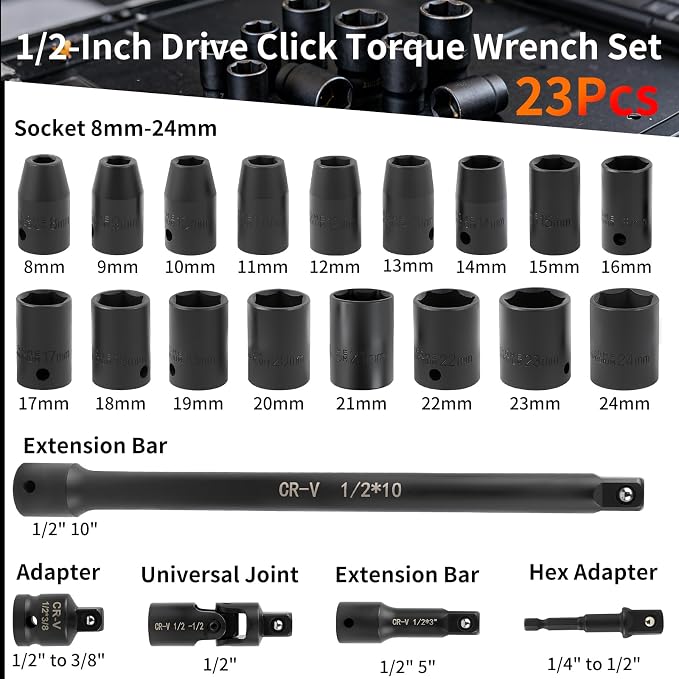 23PCS 1/2-Inch Drive Torque Wrench Set, 10-170FT.LB/13.6-230.5Nm | Click Torque Wrench with Sockets, 72-Tooth Dual-Range, ±3% Precision Adjustable Torque Wrenches for Cart, Motorcycle, Lug Nut
