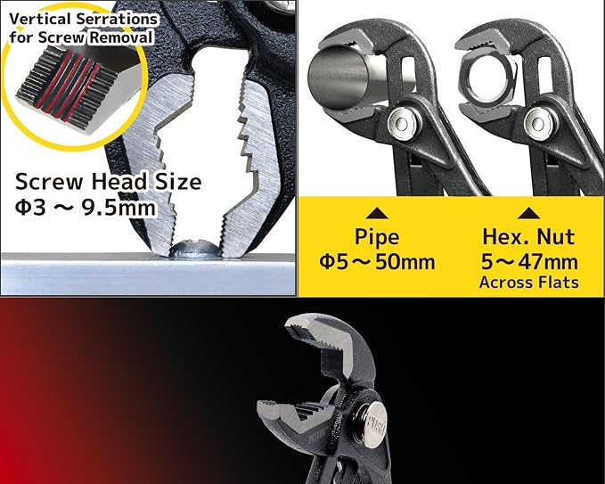 VAMPLIERS 10" PYTHON Stripped Screw Extractor Plumbers Slip Joint Pliers | Removes Stripped or Rusted Screws Ø3-9.5mm, Push-Button Adjust, Holds Round Bars, Square Bars & Sheet Metal
