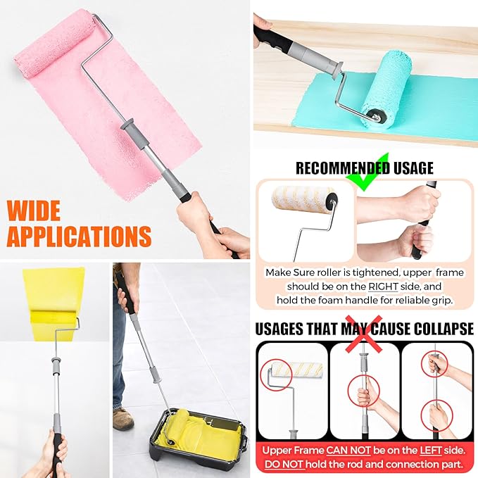 6pcs House Paint Roller Kit, 9 inch Extendable Roller Frame with 5 Microfiber Roller Covers 1/2" Nap, Adjustable Painting Roller (18" - 36") for Walls, Ceilings, Floor, Home Painting Supplies