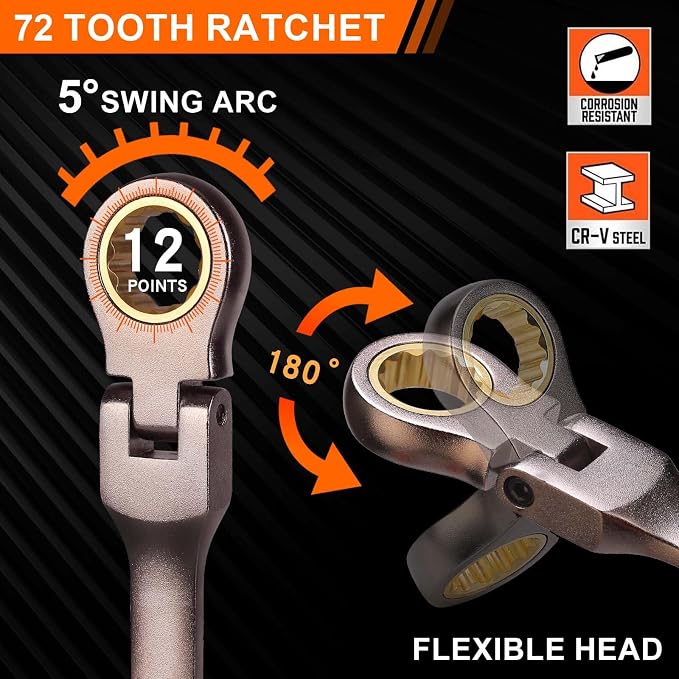 Qnkaa Flexible Ratcheting Wrench Set 24pcs Metric 8-19mm & SAE 1/4” to 7/8“ | Flex-Head Spanner Gear Ring Ratchet Combination Wrenches Kit with Portable Organizer