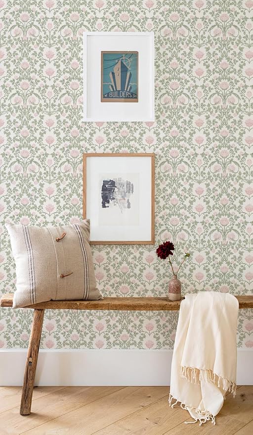 YXTII Floral Wallpaper Peel and Stick - 393.7" × 17.3" Pink and Green Wallpaper for Bedroom Decorative Self Adhesive Shelf Drawer Liner