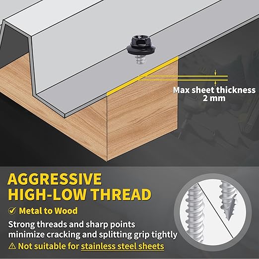 Metal Roofing Screws #10 × 1", 300 PCS, FIXLINK Baking Paint Hex Head Rubber Washer Sheet Metal Roof Screws Self Tapping Metal to Wood Siding Screws, Hex Socket Included, Black
