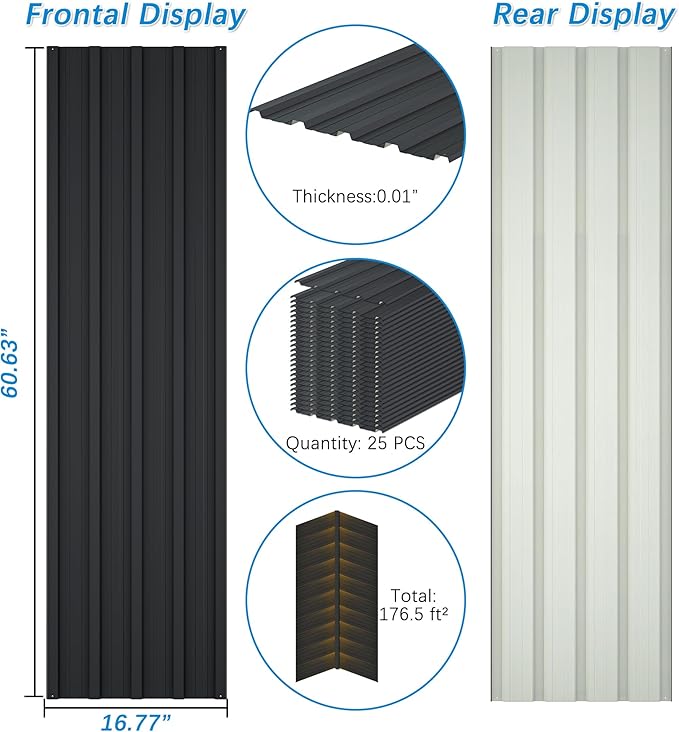 25 pcs Metal Roofing Panels 5ft Galvanized Steel Corrugated Roof Panels Gazebo Top Cover Garages,Sheds, Stables and Mobile Homes Replacement for Patio Outdoor Garden, Black 176.5 ft²