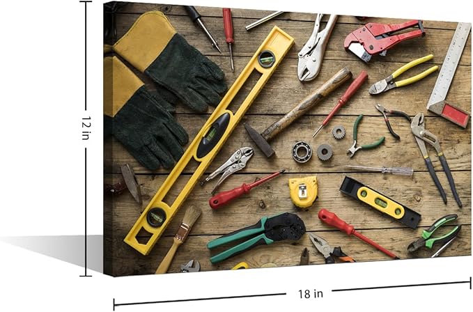 Canvas Wall Art Old Carpenter Tools on Wooden Background Picture Hammer Cutter Utensil Poster Framed Artwork for Home Living Room Bedroom Wall Decor Ready to Hang 1pcs (12" Wx18 H)