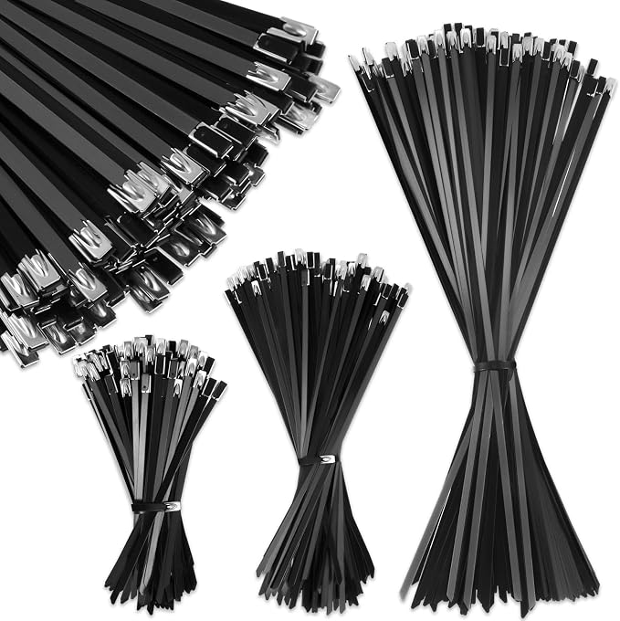 Pelopy 500 Pcs 6", 10", 14" Metal Zip Ties Black 304 Stainless Steel Zip Ties Epoxy Coated Tie Heavy Duty Cable Self Locking Cable Multi Purpose for Machinery Vehicles Exhaust Wrap Outdoor Fence Farms
