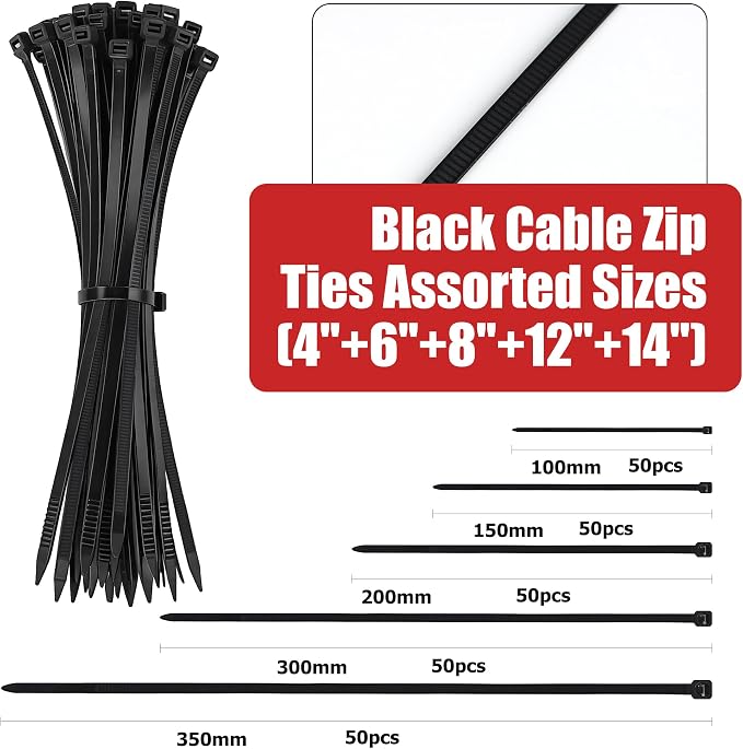 Cable Zip Tie Organizer, Wall Mount Zip Tie Holder, Including 250Pcs Black Zip Ties Assorted Sizes (4”+6”+8”+12”+14”) and 1 Zip Tie Cutter