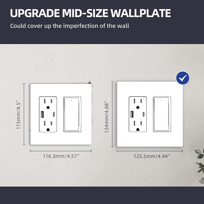 ELEGRP 2-Gang Screwless Decorative Wall Plates, Mid-Size 4.88" height x 4.94" length Unbreakable Thermoplastic Faceplate Cover for Decorator Receptacle Outlet & Switch, UL Listed (2 Pack, Matte White)