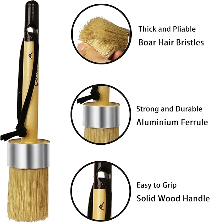 Chalk Paint Brushes for Furniture, 2 Pcs Boar Hair Bristles Round/Flat Wax Paint Brushes, Suitable for Chalk Paint and Wax