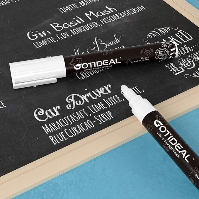 GOTIDEAL White Chalk Markers, Bold Tip Washable, for Blackboard, Glass & Bistro, Car Window, Non-Toxic, Erasable Paint Chalk Pens, Reversible Tip-6mm