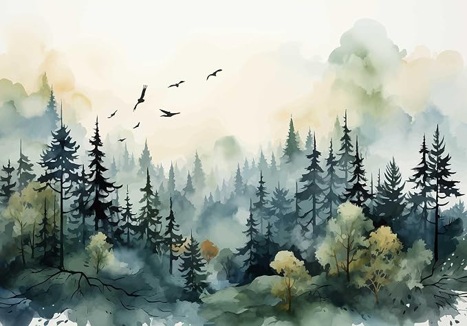 Jdayda Green Forest Woodland Wallpaper Mural Large Art Wall Decorative | 127"x75" Not Self-Adhesive Mural for Bedroom Living Room
