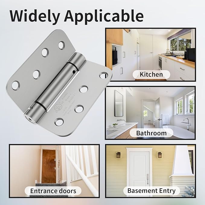 2 Pack Self Closing Door Hinges, 4 Inch Spring Loaded Door Hinges with 5/8'' Radius Corners, Adjustable Tension for Garage, Front, Back Door, UL Listed, Left and Right Hand, Brushed Nickel