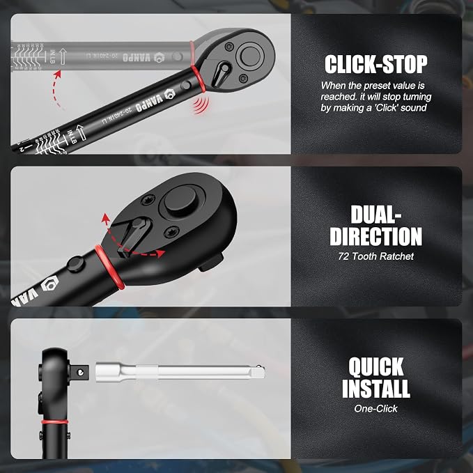 VANPO Torque Wrench Set, 1/4" 3/8" 1/2" Drive, for Bike, Motorcycle, Car | 20-240 In.lb, 5-45 Ft.lb, 10-170 Ft.lb with 3 Adapters,±3% Accuracy, Click Torque Wrenches, 72-Tooth,Dual Scale,Storage Case