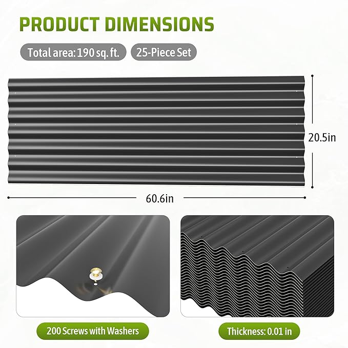 Metal Roof Panels 25Pcs 60.6×20.5 Inches with Screws, Corrugated Tin Roofing Panels Waterproof,Steel Wall Panel Siding Panels Sheets for Garages Sheds Chicken Coop Stables and Mobile Homes,Black
