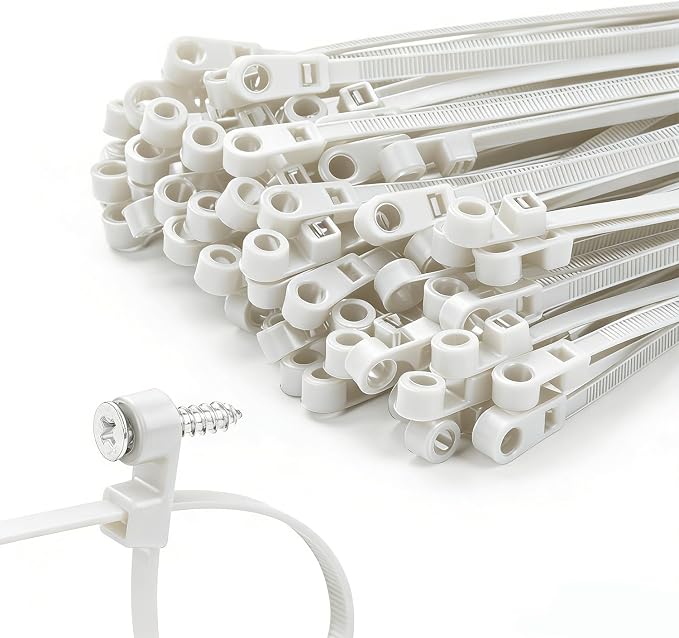 200 PCS 8 inch White Zip Ties with Screw Hole 70lbs Mountable head Cable Ties Straps Multipurpose Heavy Duty Nylon Cable Zip Ties with Screw Mounting Hole
