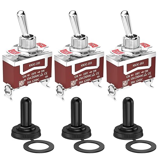 Joinfworld Waterproof Toggle Switch 12V DC 30A On Off On 3 Way SPDT 12 Volt Heavy Duty Marine Toggle Switch 3 Position 3 Pin with Weatherproof Boot Cap Cover for Car Auto Truck Boat - 3 Pack