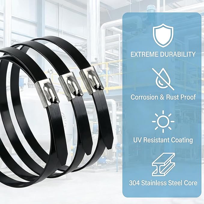 500PCS 11.8Inch 304 Steel Cable‑Ties Kit with Gun, Screwdriver & Gloves | High‑strength 304‑steel zip ties provide long‑lasting secure fastening for outdoor‑fence installations.
