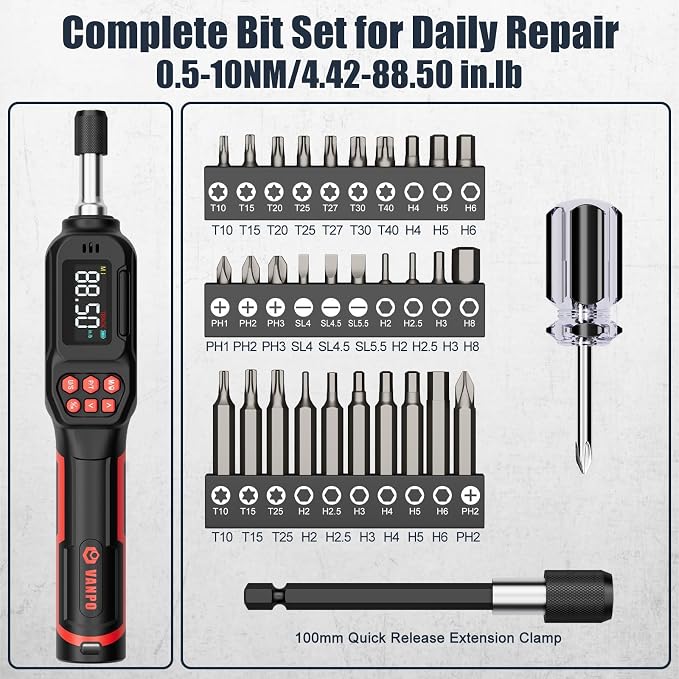 VANPO Digital Torque Screwdriver, 4.42-88.5 in.lb, ±2% Accuracy | 0.5-10 Nm, 1/4" Electrician Torque Screwdriver Set with 31Bits, LCD Display & Audible Buzzer for Bike & Precision Electronics
