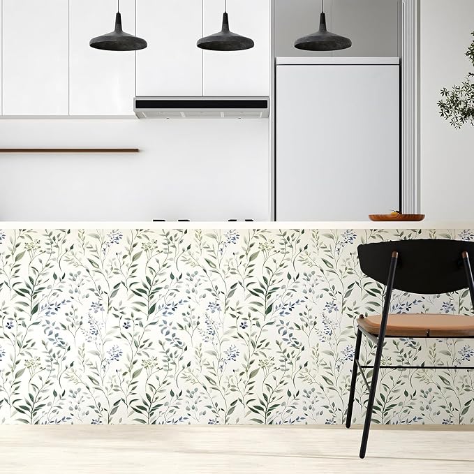 ILHIIOR Blue Leaf Wallpaper Boho Peel and Stick Wallpaper Green Leaf Vintage Contact Paper White Floral Wall Paper Removable Wallpapers Self Adhesive for Cabinet Drawers Wall Decor 17.5''x118.1''