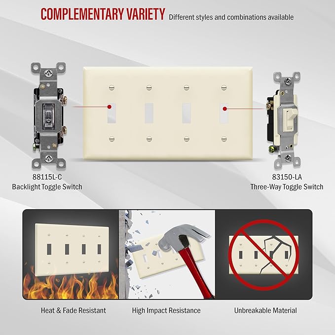 ENERLITES Quad Toggle Light Switch Wall Plate, Standard Size 4-Gang 4.50" x 8.19", Unbreakable Polycarbonate Thermoplastic, 8814-LA, Light Almond