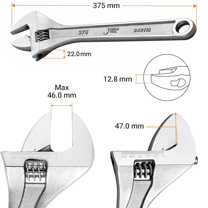 Jetech 15-Inch Adjustable Wrench, Professional Heavy Duty, Chrome Vanadium Steel, Shifter Spanner with Inch/Metric Scale, Wide Caliber Opening, Rust-Resistant Finish