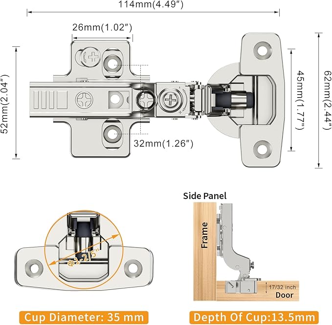 Chibery 50 Pack Frameless Inset Soft Close Concealed European Hinges, Self Closing Satin Nickel, 105 ° Open Angle 4D Adjustment, Speed Control, Clip On, Stainless Steel for Cabinet Door