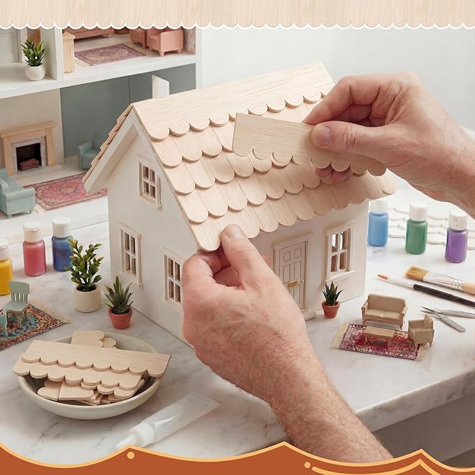 Wenqik 100 Strips Dollhouse Roof Shingles 4.25 x 1.14 Inches Each Mini Fish Scale Wooden Dollhouse Miniature Roofing for 1: 12 Scale Doll House Projects DIY Miniature Landscapes (Natural Wood)