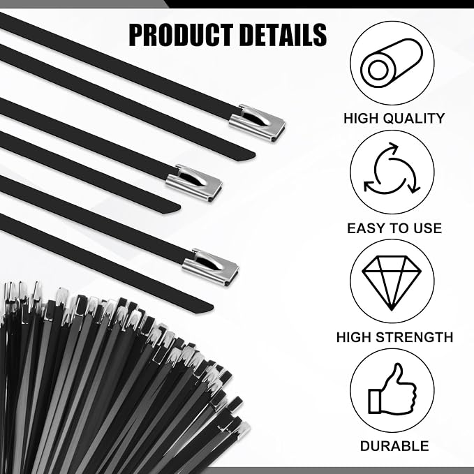 Pelopy 500 Pcs 6", 10", 14" Metal Zip Ties Black 304 Stainless Steel Zip Ties Epoxy Coated Tie Heavy Duty Cable Self Locking Cable Multi Purpose for Machinery Vehicles Exhaust Wrap Outdoor Fence Farms