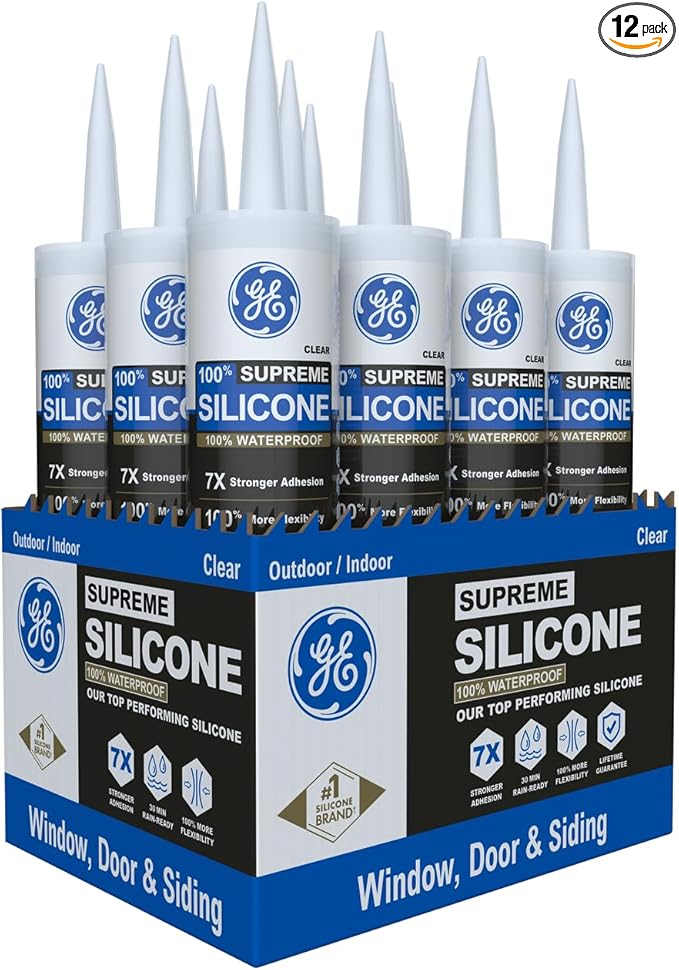 GE Supreme Silicone Caulk for Window & Door, Clear, 10 fl oz Cartridge, 12 Pack - 100% Waterproof Silicone Sealant, 7X Stronger Adhesion, Shrink & Crack Proof