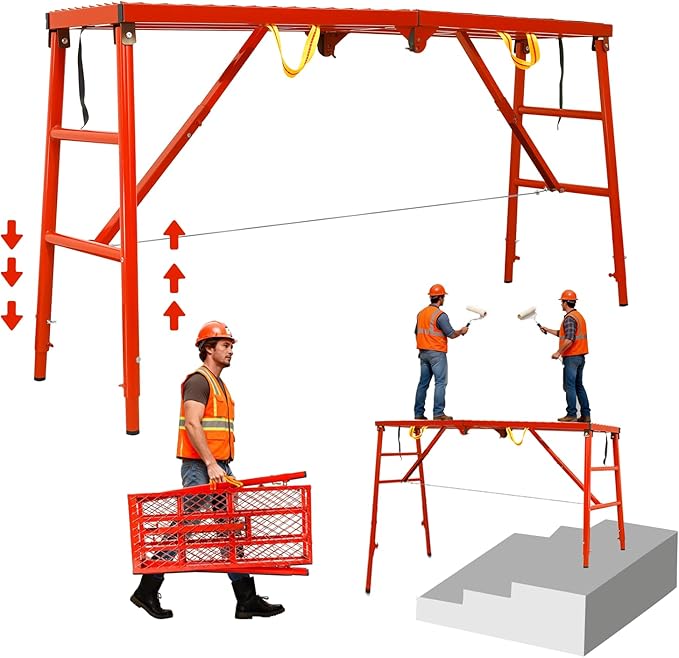 Folding Scaffolding Platform 69"x52.7"x15", 880 Lbs Capacity, 5-Level（33.8-52.7“） Height Adjustable Work Platform with Rhombus Anti-Slip Surface, Portable Scaffolding Ladder for RV and Home Decor