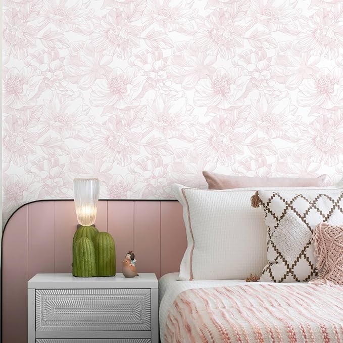 Ismoon Large Floral Peel and Stick Wallpaper Boho White/Pink Contact Paper 17.3inx32.7ft Removable Self Adhesive Bedroom Cabinet Mural Wall Decor Vinyl Roll
