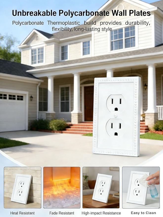 ZEFTV 20 Pack Mid-Size Duplex Wall Plates 1-Gang Switch Outlet Electrical Cover Plate Unbreakable Thermoplastic Faceplate for Light Receptacle Outlet Switch, Classic Beaded Relief Design, White