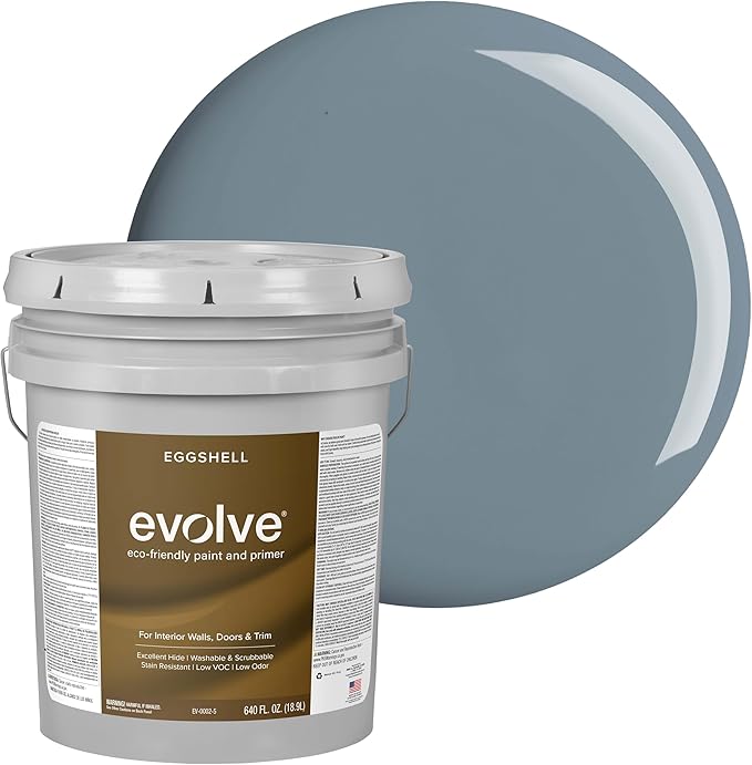 EVOLVE Interior Paint & Primer, Eggshell (Slate Blue), 5 Gallon – One-Coat Coverage, Excellent Hide, Low VOC, Low Odor, Washable Paint for Walls, Doors & Trim