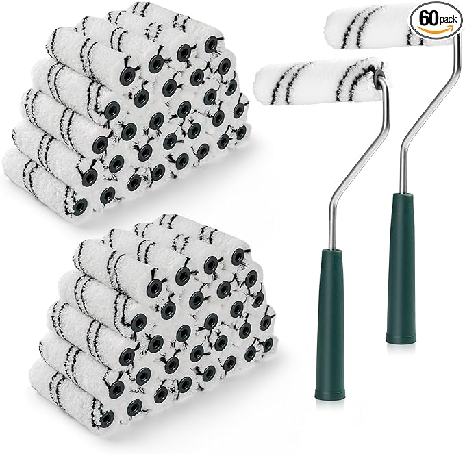 60 Pack 4 Inch Microfiber Paint Roller Covers with 2pcs Anti Rust Metal Roller Frames, Professional Grade Painting Tools for Walls, Ceilings, Furniture