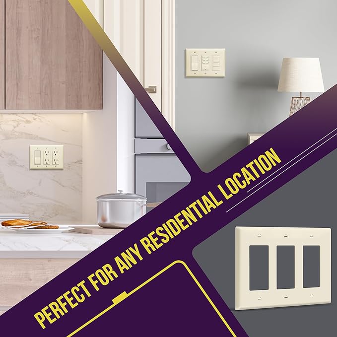 ENERLITES Triple Decorator Switch Cover, Three Gang Outlet Wall Plate, Gloss Finish, Mid-Size 3-Gang 4.88" x 6.77", Unbreakable Polycarbonate Thermoplastic, UL Listed, 8833M-LA, Light Almond