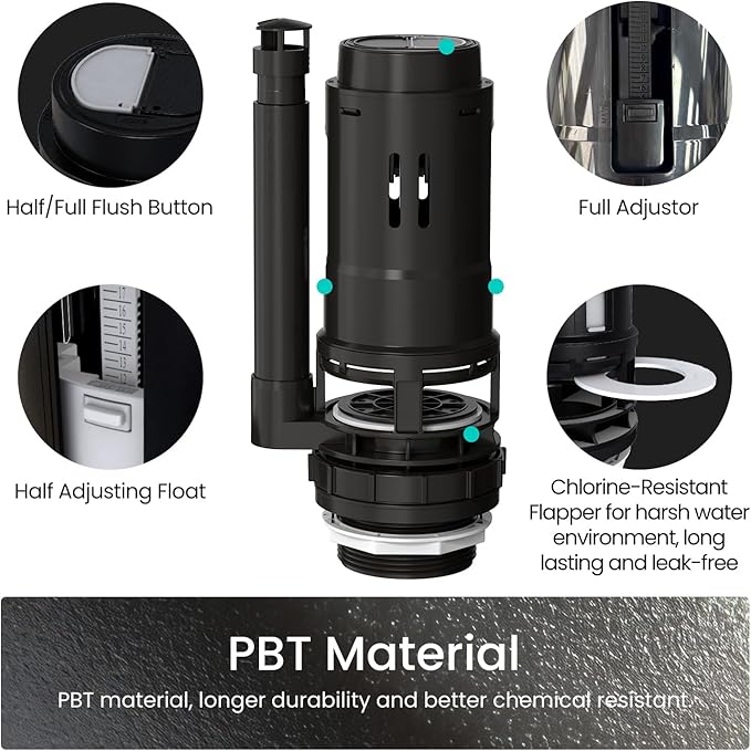 R&T Universal Dual Flush Valve for 2-piece Toilet with Top Push Button Toilet Repair Kit Inside Tank Compatible with 3-Inch and 2-Inch Toilet Drain Outlet A2422