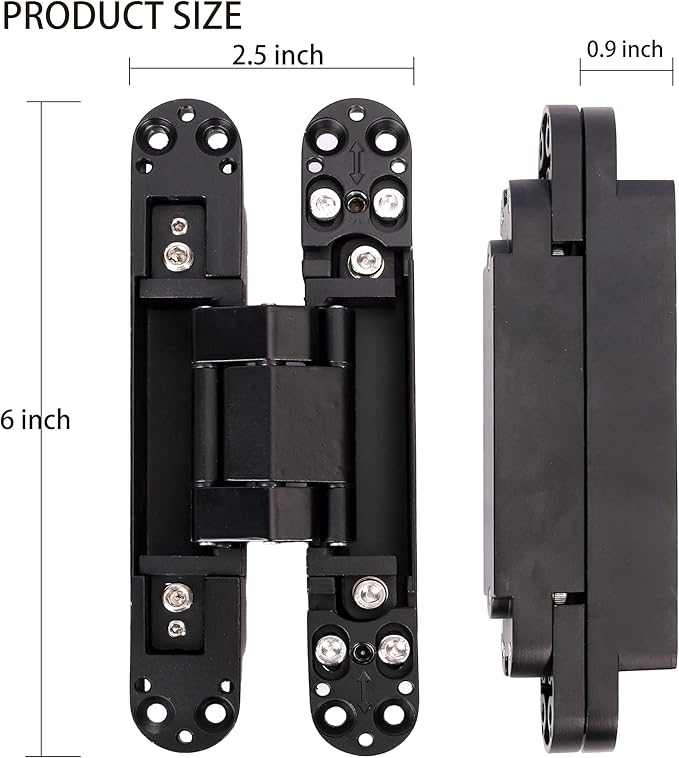 2-Pack 6 inch Hidden Door Hinges Heavy Duty Black, Invisible Concealed Hinges Zinc Alloy 6''x 2.5''x1Inch,180 Degree Swing Hinge, 3 Way Adjustable Hinge with Pins and Screws (2, Black)