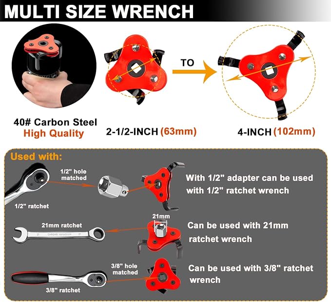 Oil Filter Wrench Set, Adjustable Oil Filter Pliers Set (6Pcs) | Universal Oil Filter Removal Tool 1-1/4" - 8-1/2", Adjustable 3-Jaw Oil Filter Wrench, Small Snap-On Oil Funnel