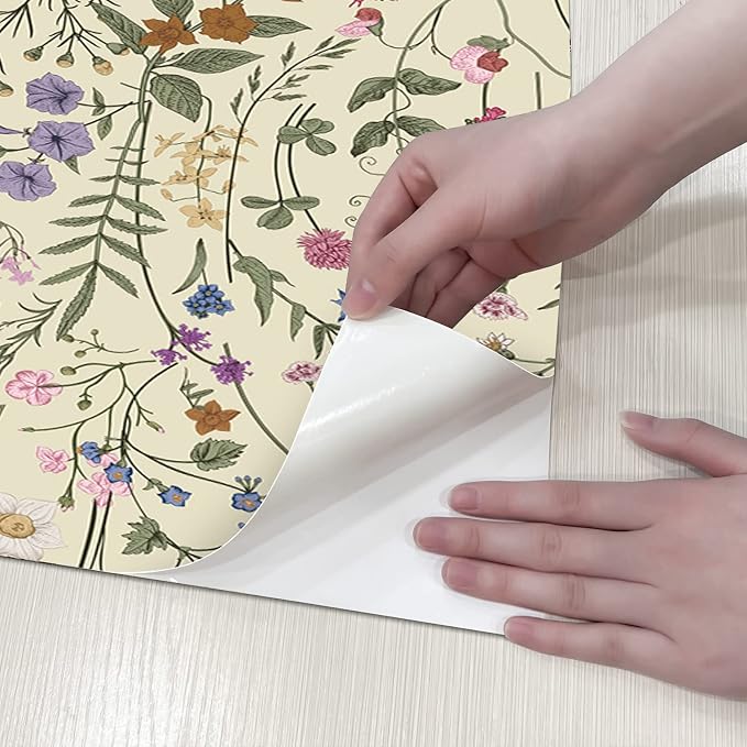 Wallpaper Self-Adhesive Blooming Vintage Colourful Flowers Wall Paper for Bedroom Living Room Cabinet, Peel and Stick Beige Sketch Little Flowers Wallpaper Mural 47.36 sq. feet (393.7"x17.3")