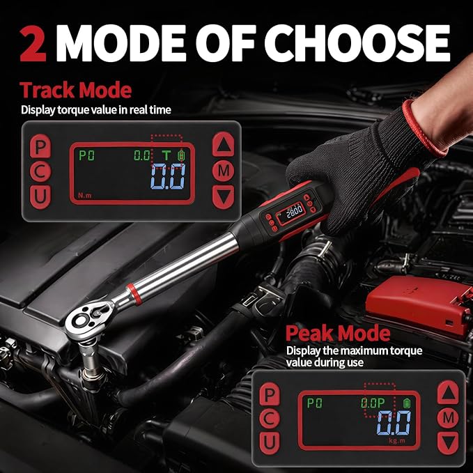 3/8" Digital Torque Wrench Set, ±2% Accuracy, 7.4–154.9 ft-lb (10–210Nm), 14/16mm Spark Plug Sockets, 6" Extension Bar, 3/8 Universal Joint for Auto & Motorcycle Repair
