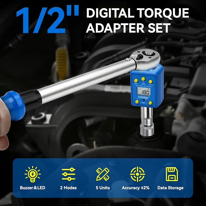 DISEN 1/2" Digital Torque Adapter Set (10-200 N.m / 7.4-147.5 ft-lb), ±2% Accuracy, Mem & Trace Modes, Buzzer & LED Alert,Works with Ratchet & Breaker Bar, for Automotive Motorcycle