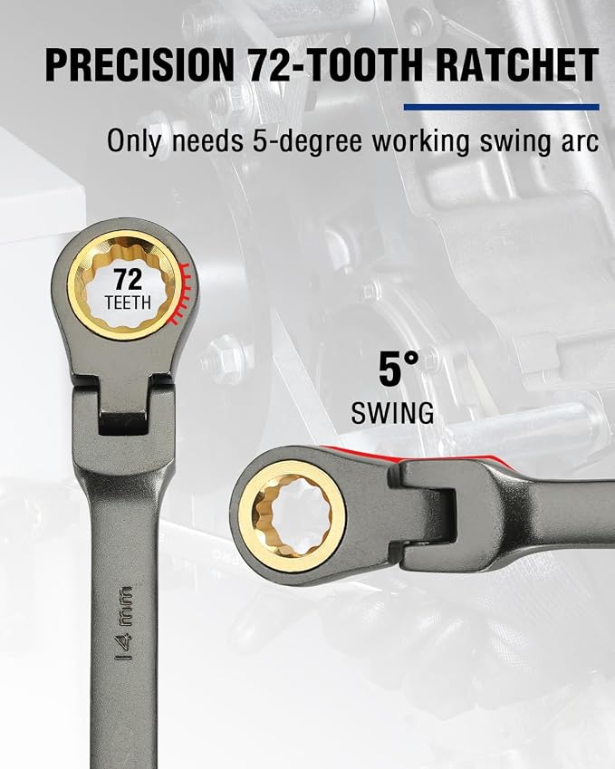 WORKPRO 14 mm Flex-Head Ratcheting Combination Wrench, Nickel Plating | Cr-V Constructed, 72-Teeth, 12 Point Design, Metric, For Home Improvement, Auto Repairs, Plumbing, Constructions, Machinery
