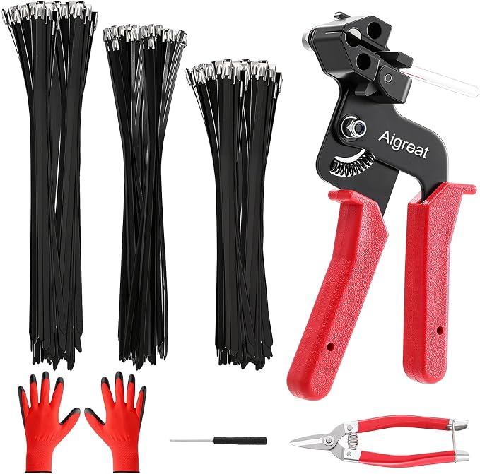 Stainless Steel Zip Ties Kit with 150 Metal Cable Ties & Metal Cable Tie Wrap Gun, Heavy Duty Outdoor Fastening Tool for Exhaust Pipe, Chain Link Fence, Auto Repair, Industrial Cable Binding