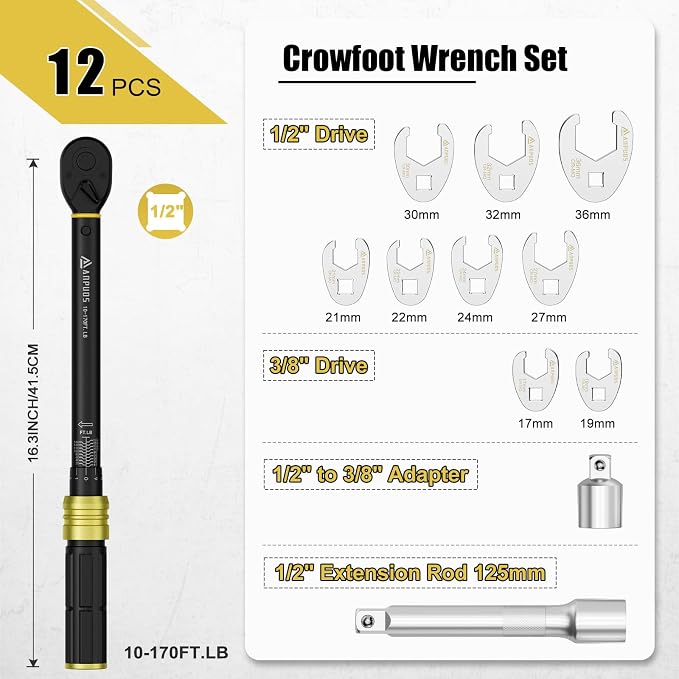 Jumbo Crowfoot Wrench Set & 1/2" Torque Wrench (10-170 Ft-Lb) | Metric 17-36 mm, 6 Point Large Crows Foot Wrench For Tight Spaces, Flare Nut Wrench for Brake, Hydraulic, HVAC & Truck Lines