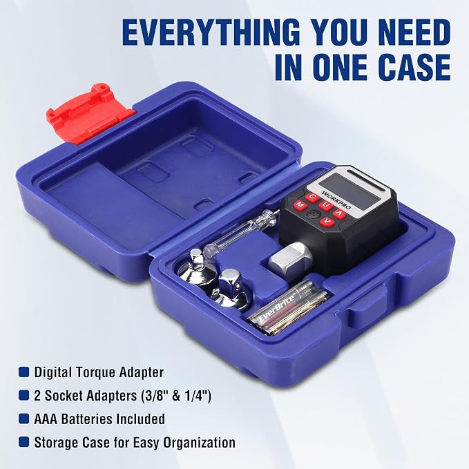 WORKPRO 1/2" Drive Digital Torque Adapter, 7.38-147.5 ft-lb (10-200 Nm), Electronic Torque Wrench Adapter with Buzzer Alert, 1/4" & 3/8" Adapters, Batteries & Case Included